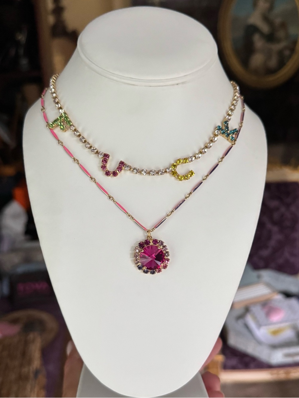 Tova magenta mixed outer Crystal Stone on a delicate gold enamel mixed chain